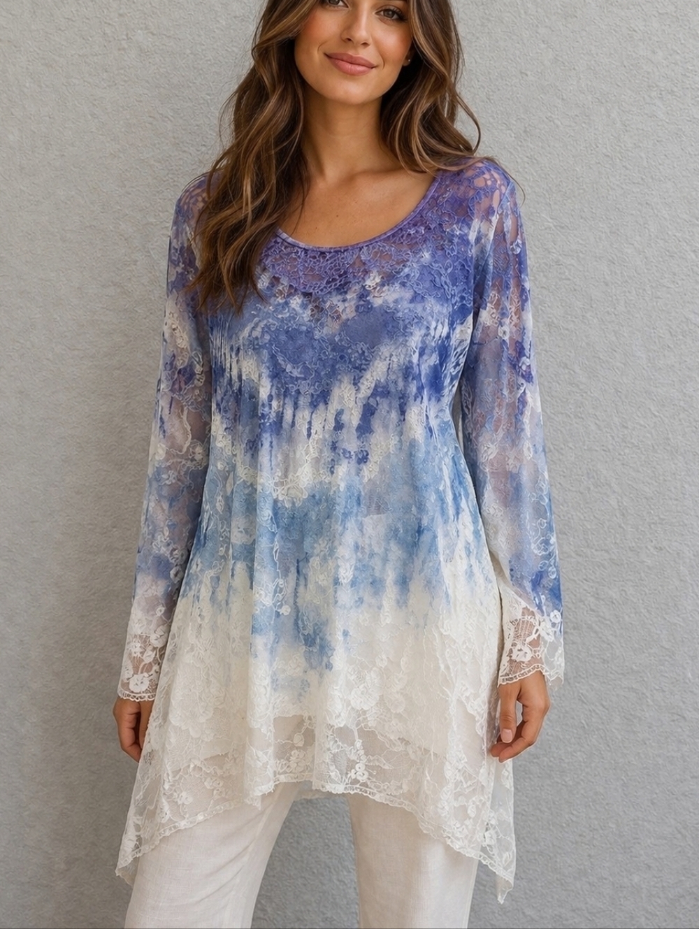 CAL STYLE Bedazzled Lace Overlay Ombre Watercolor Assymetric Tunic